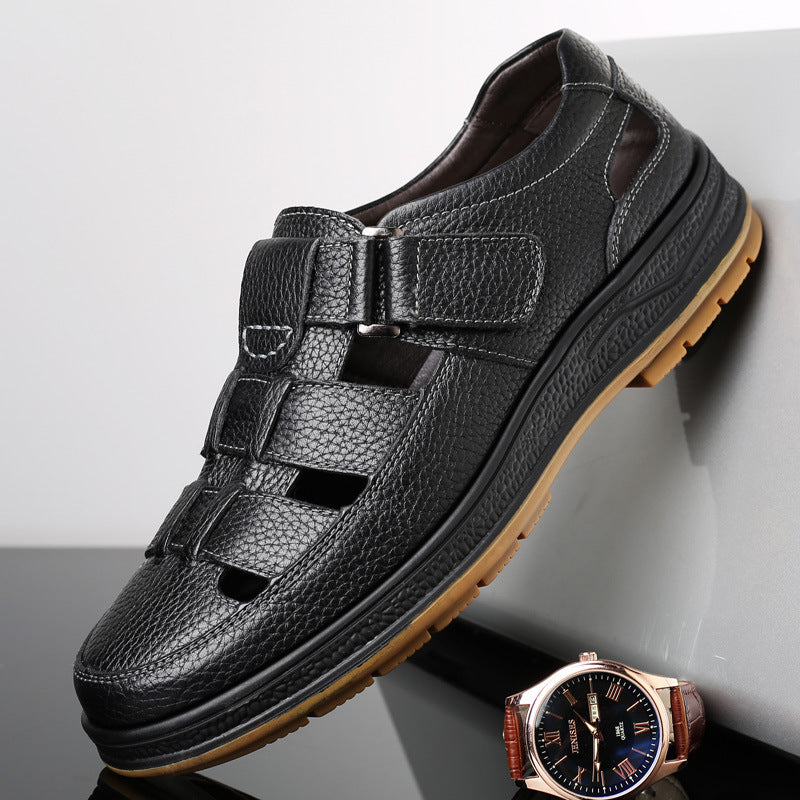A pair of comfortable soft leather perforated cool sandals for men in summer