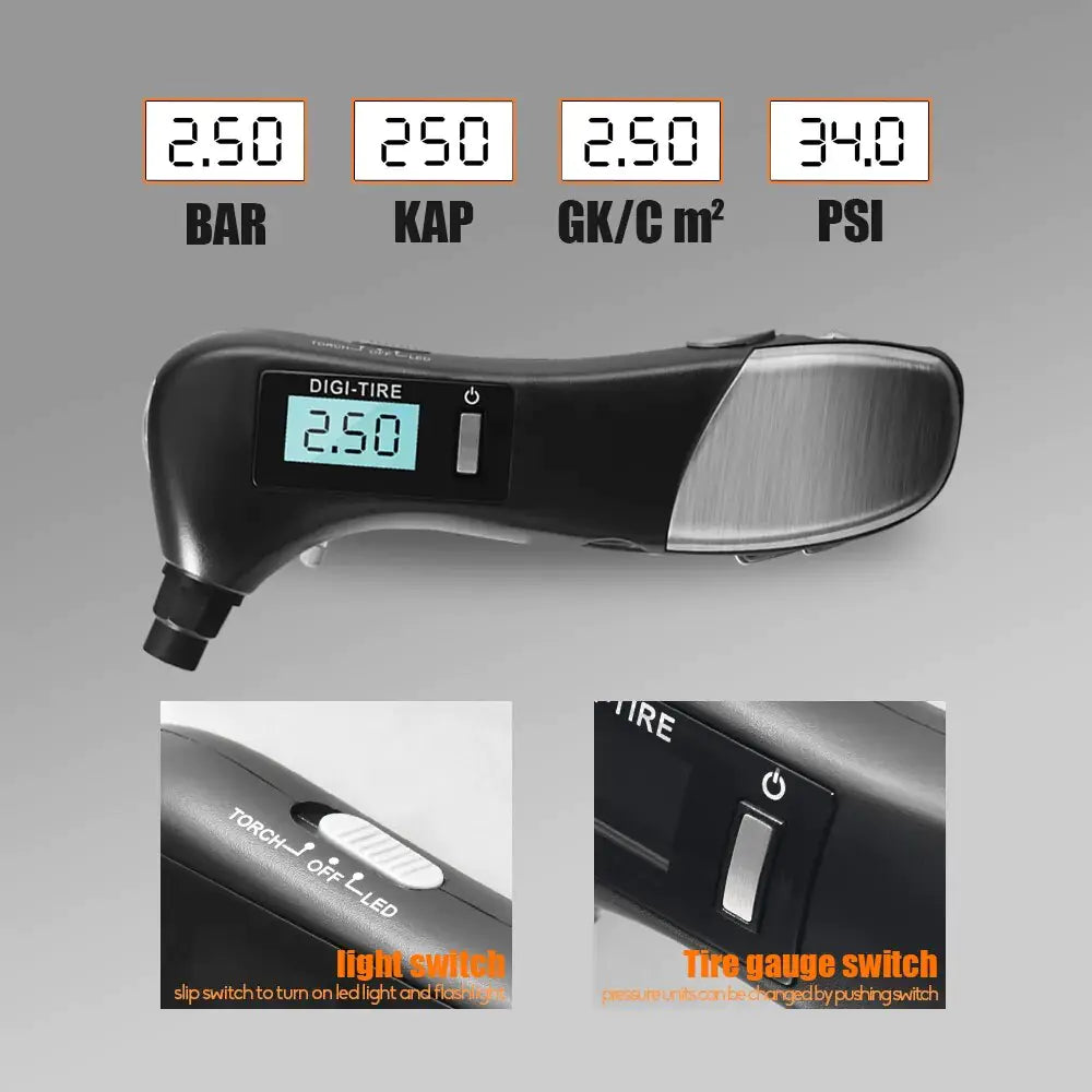 9 in 1 digital tire pressure alarm gauge with LED display and multifunctional tools.
