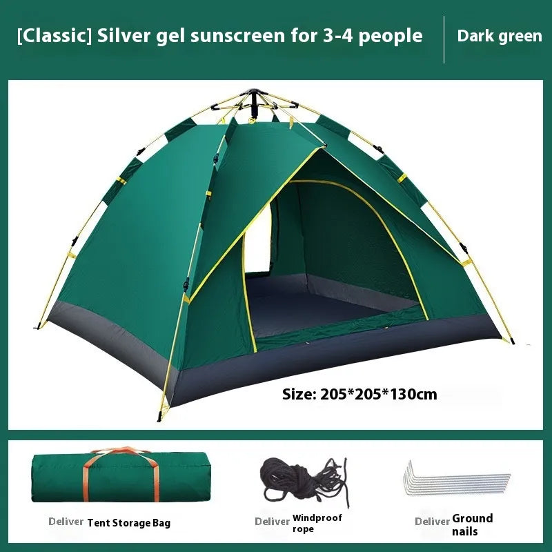 Double automatic camping tent for 3-4 people, dark green, quick setup, waterproof.