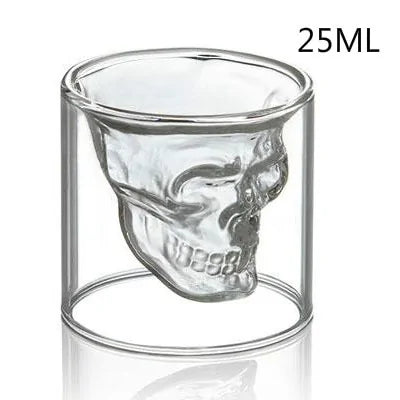 Double Layered Glass Skull Coffee Mug, transparent skull design, 25ml capacity.