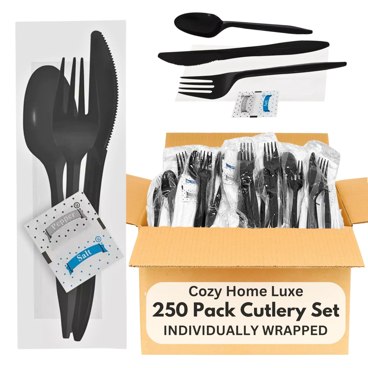 250-Pack Black Plastic Cutlery Set | Fork Spoon Knife Napkin & Salt Pepper Packets | Disposable Plastic Silverware Sets Individually Wrapped