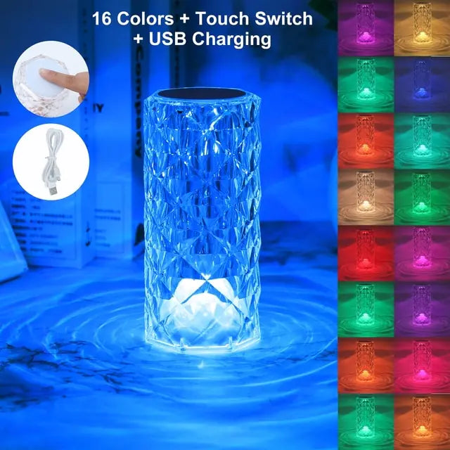 Crystal Atmosphere Table Lamp with LED night light, touch control, USB charging, and 16 color options.