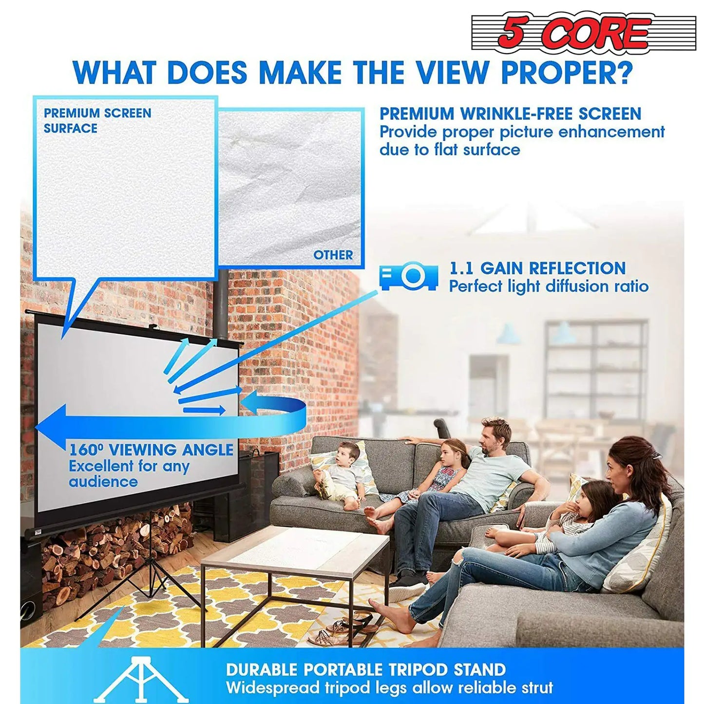 5Core Projector Screen with Tripod Stand 72" 4:3 Ultra HD Anti-Crease Indoor Outdoor Projection