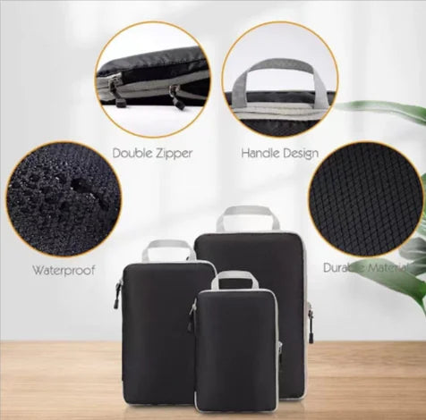 Amazon Travel Compressed Storage Bag 3-Piece Set in black, featuring double zippers, handle design, waterproof fabric, and durable material. Ideal for optimizing travel storage.