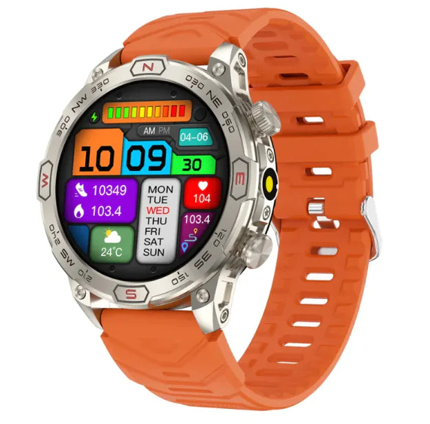 Smartwatch with 1.43-inch AMOLED display, orange strap, and comprehensive health tracking features.