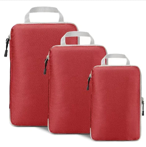 Amazon Travel Compressed Storage Bag 3-Piece Set in red, made of premium nylon, featuring versatile sizes and compact design for travel.