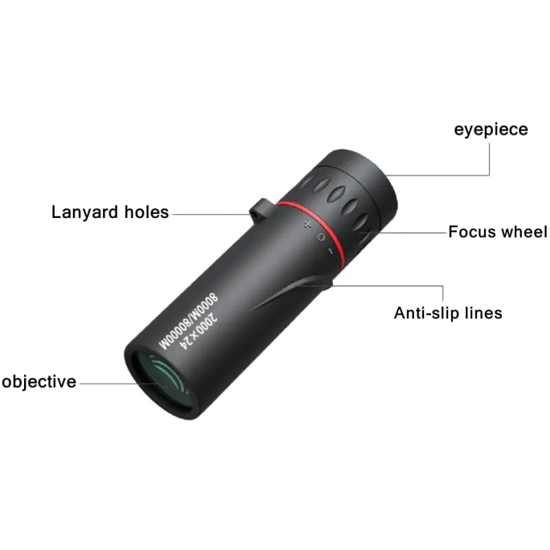 HD Monocular Telescope with labeled eyepiece, focus wheel, anti-slip lines, and lanyard holes; ideal for outdoor adventures.