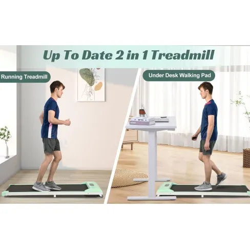 2-in-1 Under Desk Electric Treadmill showing use as both a walking pad and a running treadmill.