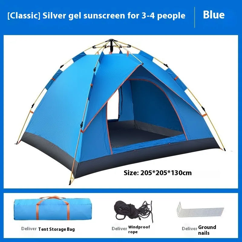 Blue double automatic camping tent for 3-4 people with quick setup, waterproof flysheet, and spacious interior.