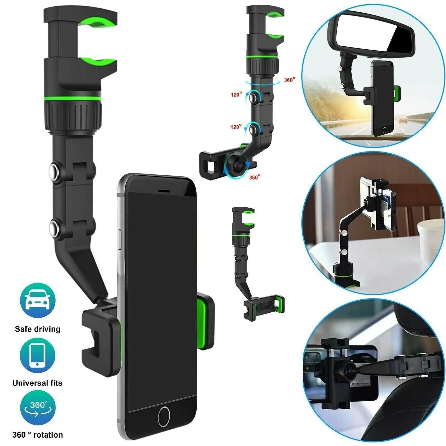 360° Car Rearview Mirror Rotation Adjustable Phone Holder Mount Multifunction by Anti Spier