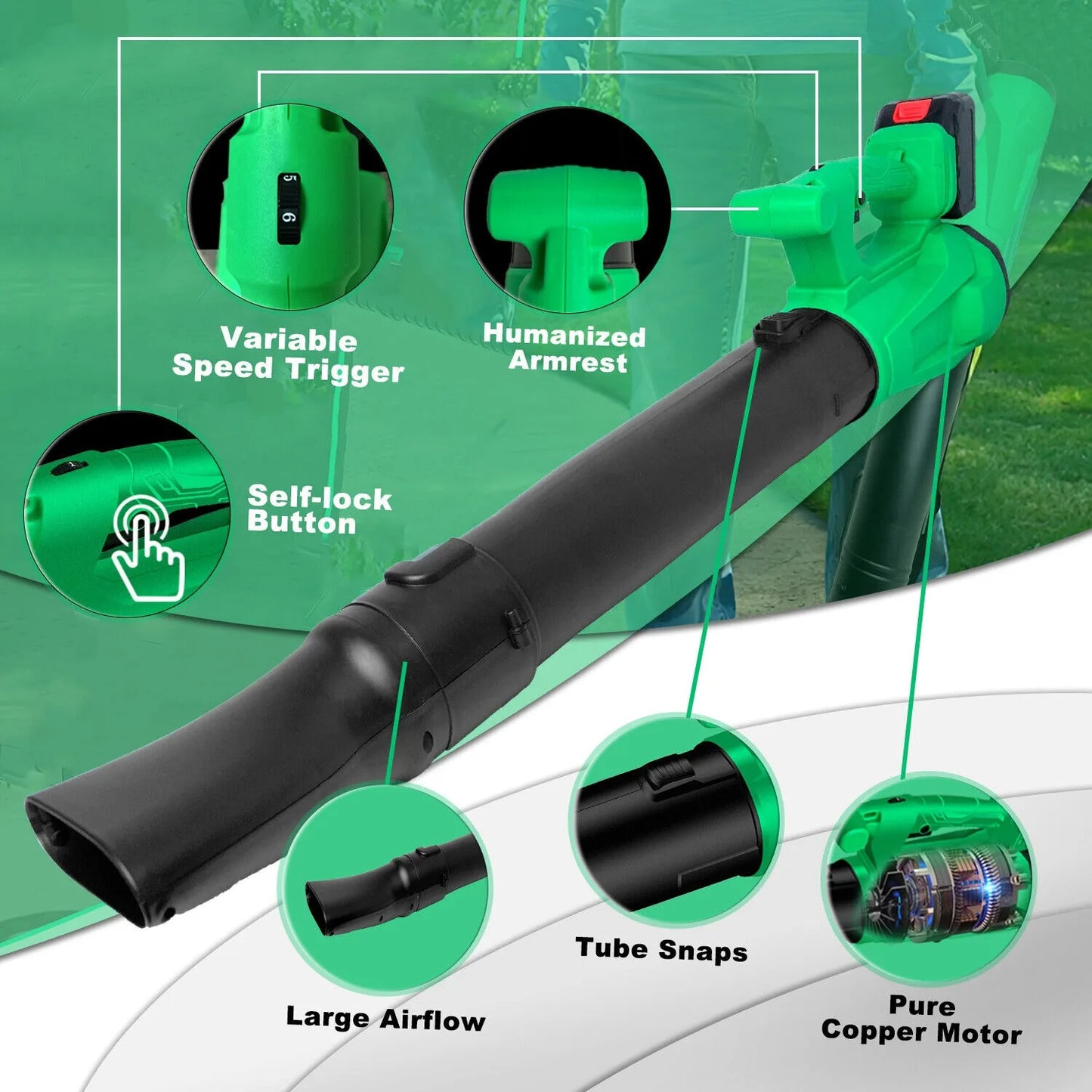 Tegatok Cordless Electric Leaf Blower 450CFM 125MPH Air Blower Snow Blower Dust Sweeper Garden Tools 20V Battery