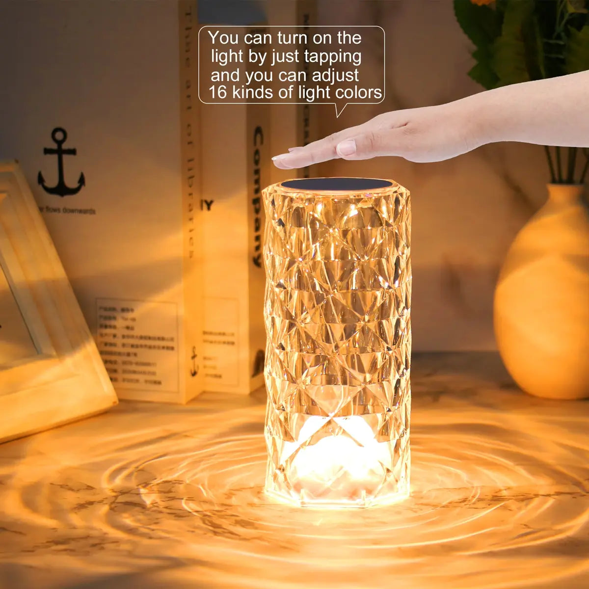 Crystal Atmosphere Table Lamp with adjustable LED light and color options, enhancing modern decor.