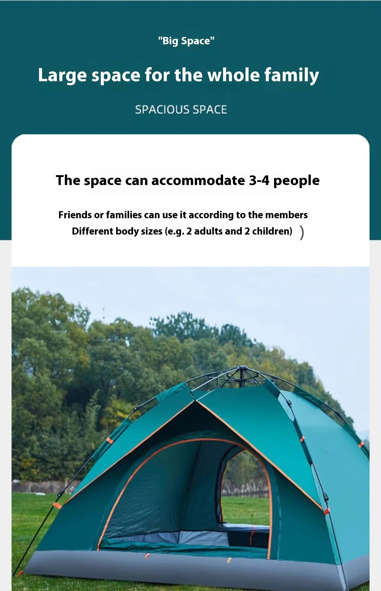 Double automatic camping tent with UV protection and quick setup, suitable for 3-4 people.
