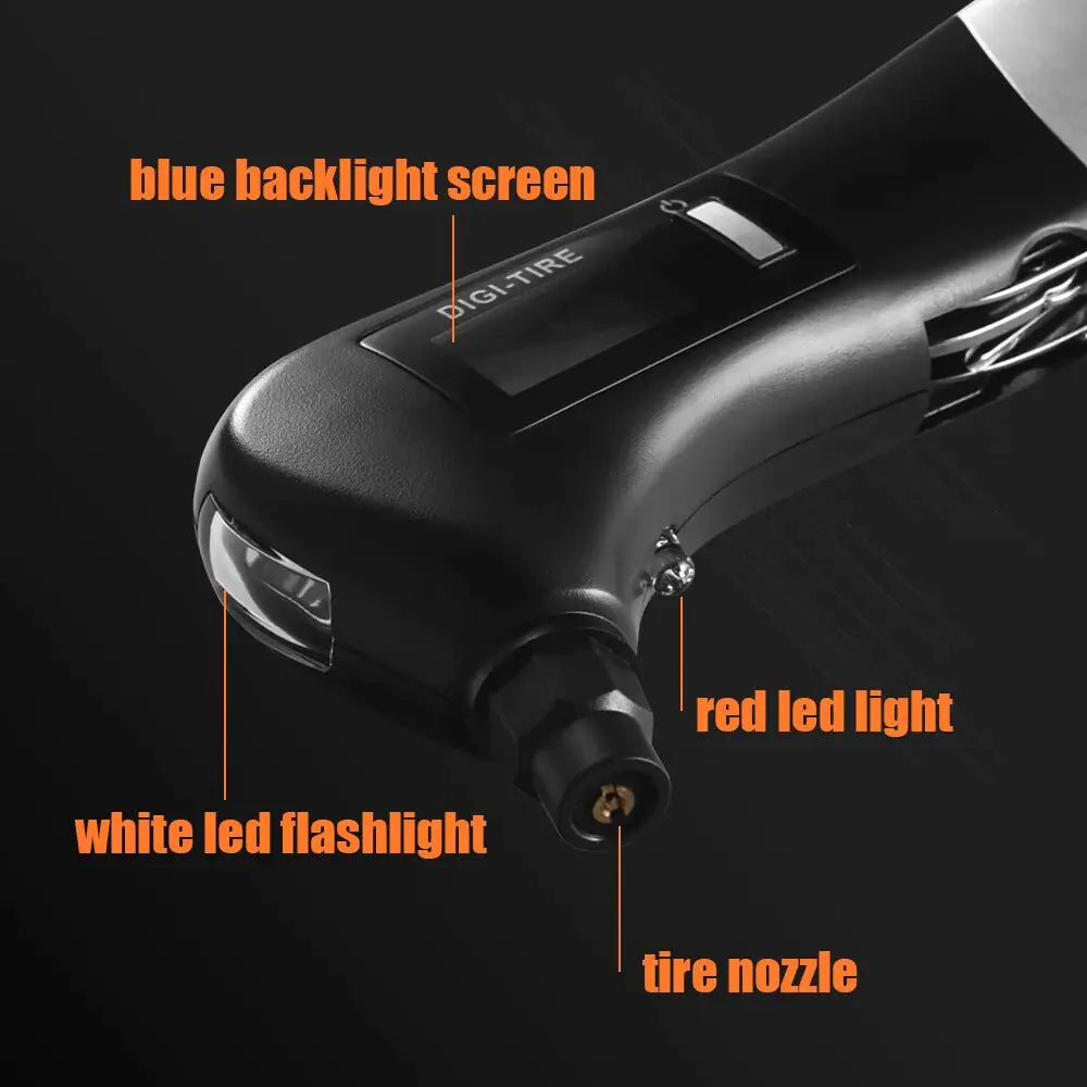 9 in 1 digital tire pressure alarm gauge with LED flashlight, tire nozzle, and multifunctional tools.
