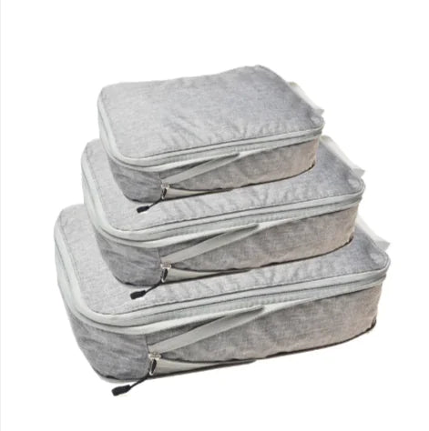 Amazon Travel Compressed Storage Bag 3-Piece Set in gray, cube-style design, premium nylon, versatile sizes for efficient storage.