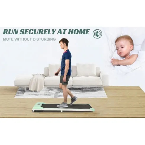 Under desk electric treadmill with user walking at home, demonstrating quiet operation.