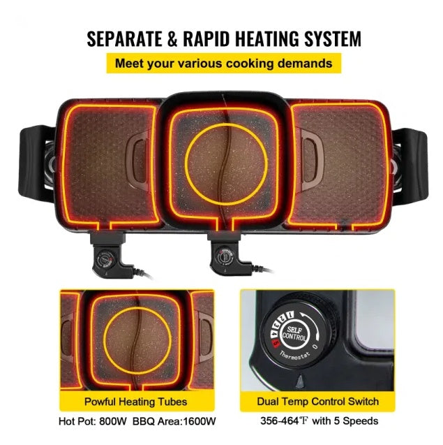 Multifunctional Teppanyaki Grill Pot with dual temp control and separate heating system.