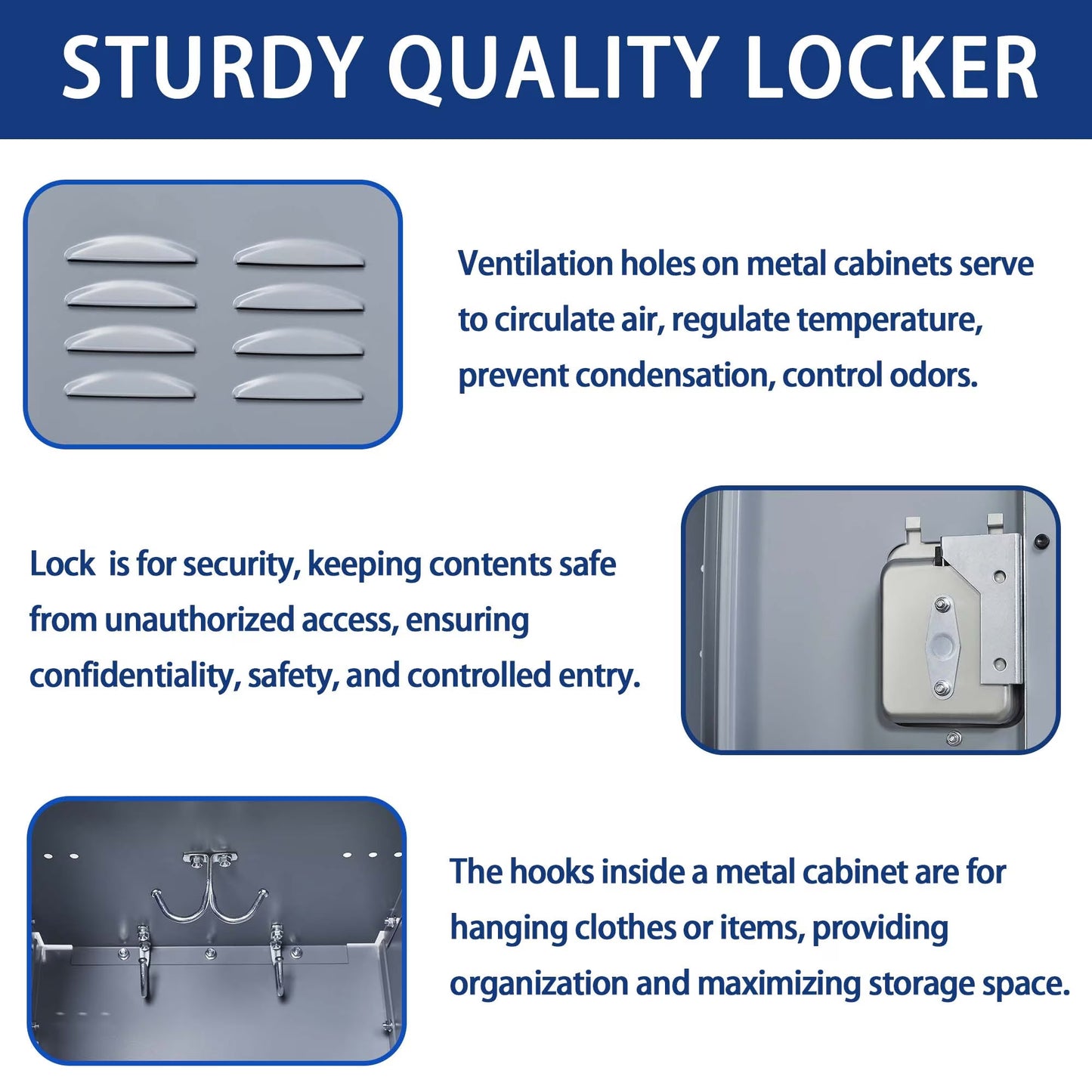 Sturdy quality gray metal locker with ventilation holes, secure lock, and hooks for storage, ideal for home, gym, office, school, and garage.