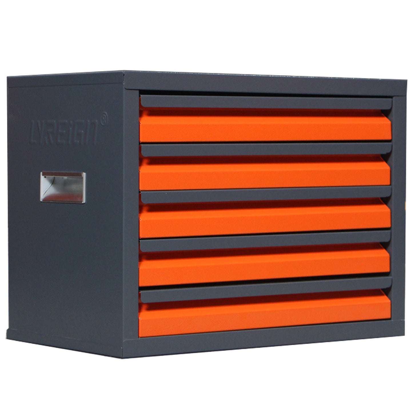 LYREIGN cement grey steel locker with orange drawers, ideal for drill bit storage and organization.