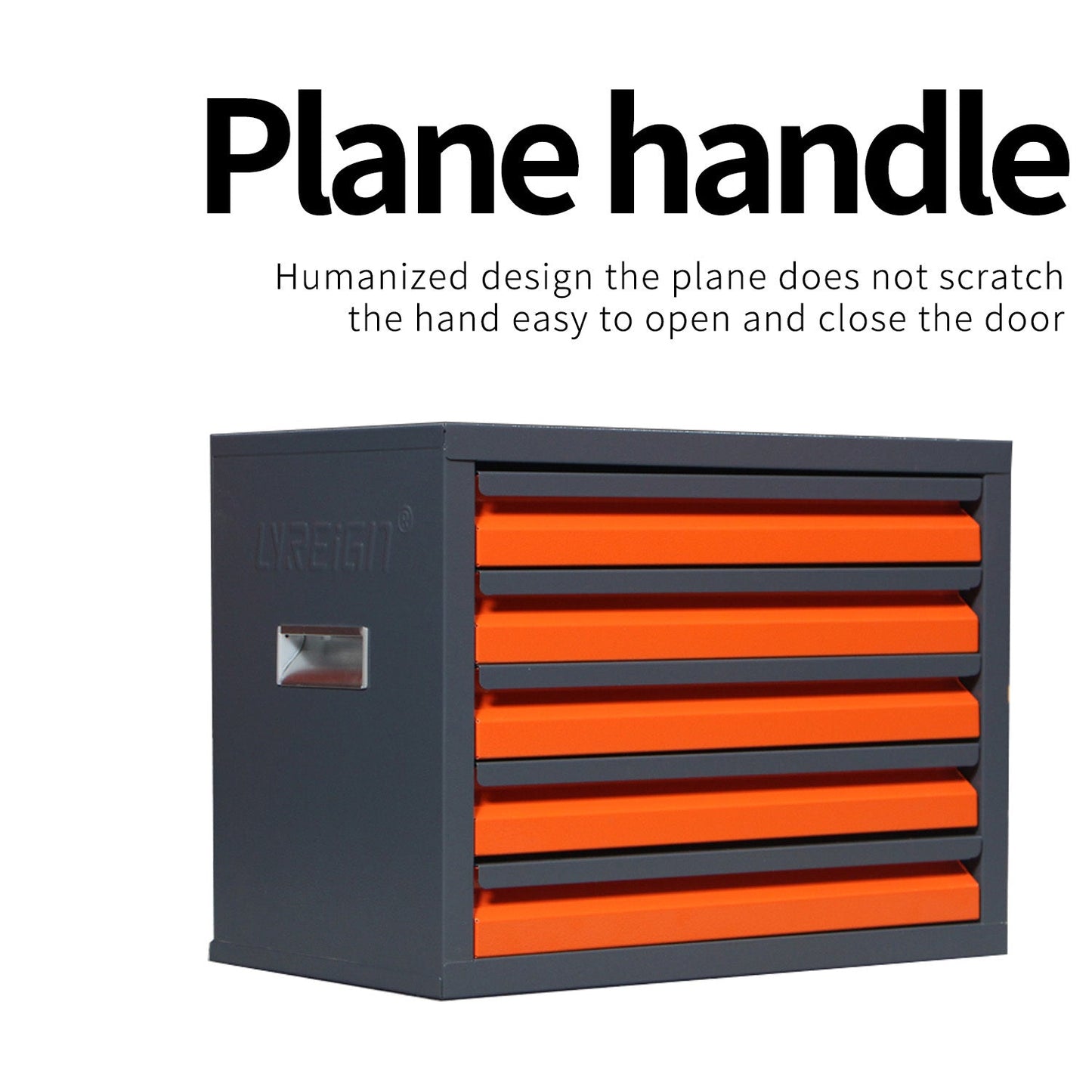 Lockers for metal-coated pieces with orange drawers and plane handle design against a white background.