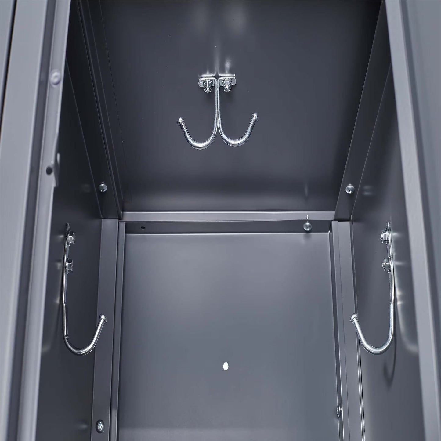Interior view of gray 72-inch high metal locker with hooks, ideal for home gym, office, school, or garage storage.