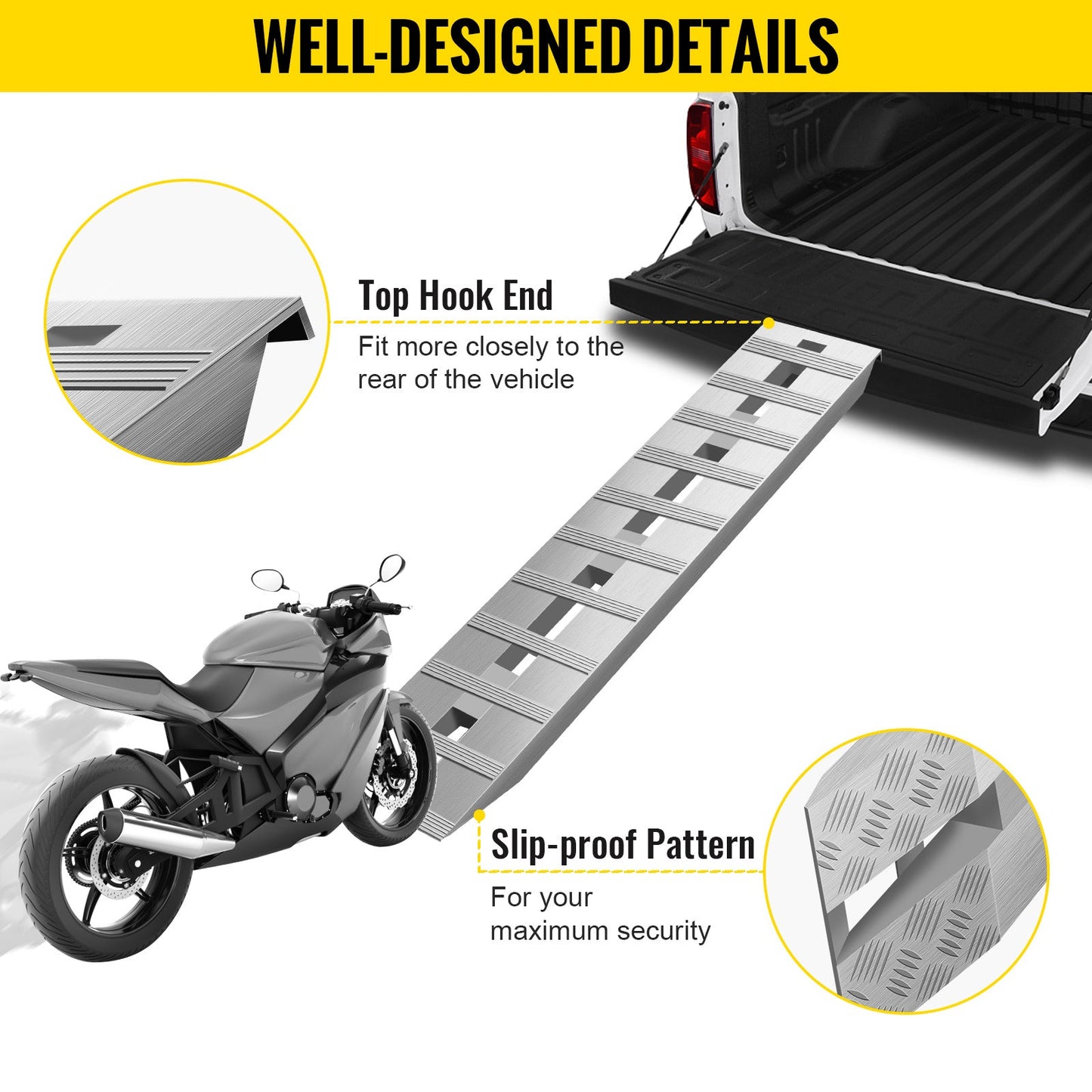 Aluminum trailer ramp with beavertail hook end and slip-proof pattern, used for loading vehicles.