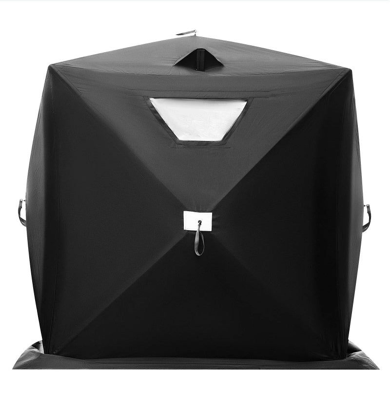 Pop-up portable insulated ice fishing shelter for 2-3 people in black waterproof fabric.