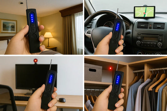 Spystopper Pro anti-spy surveillance detector in use detecting hidden devices in hotel room, car, office, and closet settings.