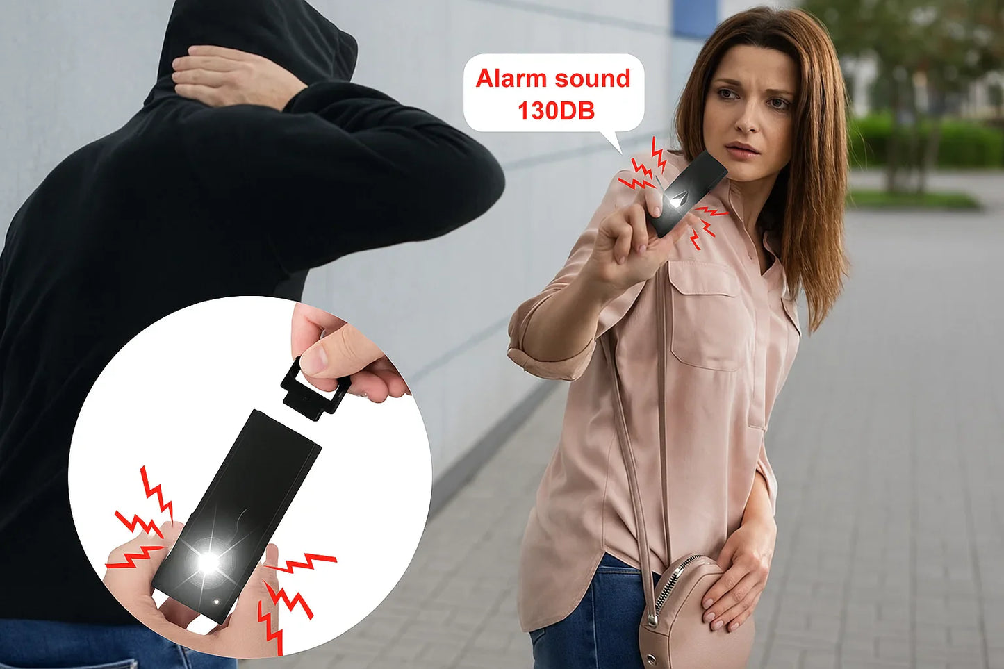 Woman using a personal security alarm with motion sensor and 130dB alert light to repel attacker outdoors