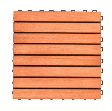 Kaia 8-slat reddish brown wooden interlocking deck tile with plastic grid, natural eucalyptus wood.