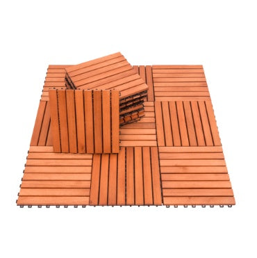 Reddish brown wooden interlocking deck tiles with eight-slat pattern for outdoor use.