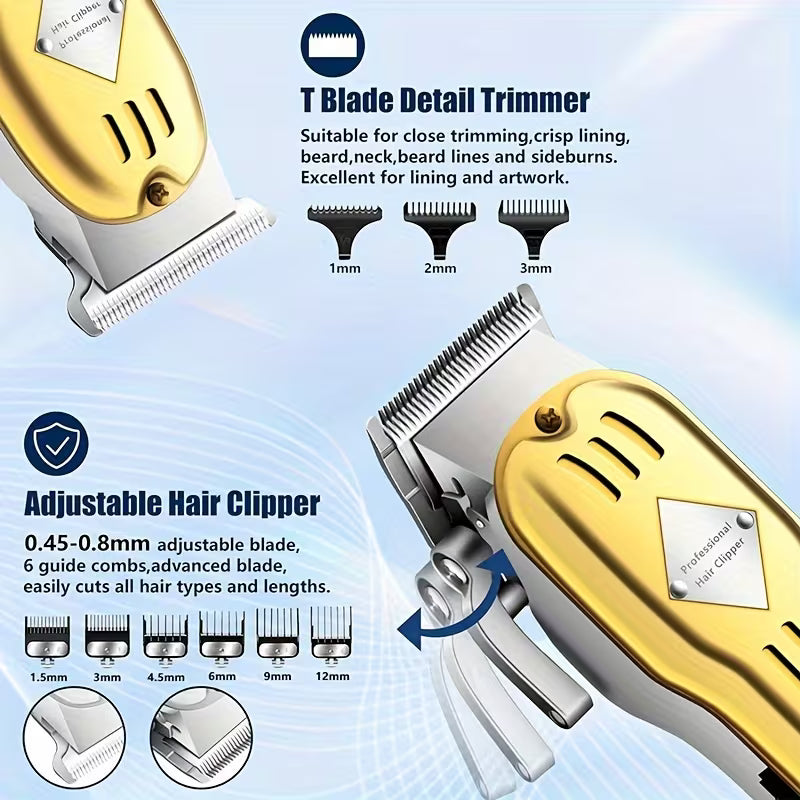 Men's Professional Hair Clipper Combo Set - Foil Shaver, Detail Trimmer, Adjustable Blades - USB Rechargeable, LCD Display, Complete Accessories for Home/Barbershop