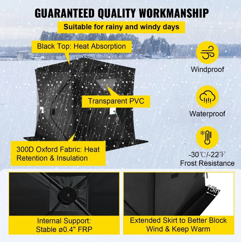 Portable ice fishing shelter with waterproof Oxford fabric and insulated design.