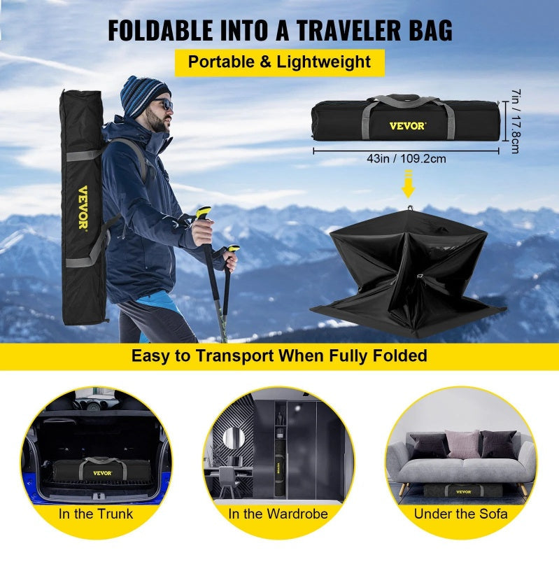 Portable 2-3 person ice fishing shelter with carry bag, easy transport, lightweight design.
