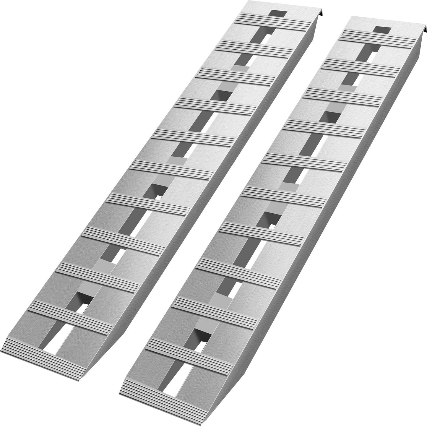 Aluminum trailer ramps with beavertail hook end, 60' x 12' x 2.5', 6000lbs capacity.