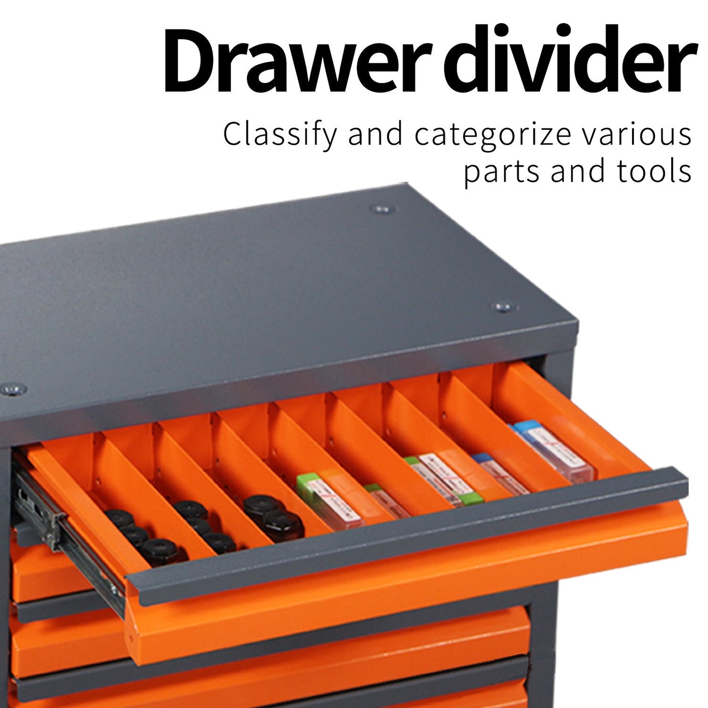 Lockers for metal-coated pieces with drawer dividers for organizing parts and tools, cement grey, ABS+Steel construction, 5-drawer storage cabinet.