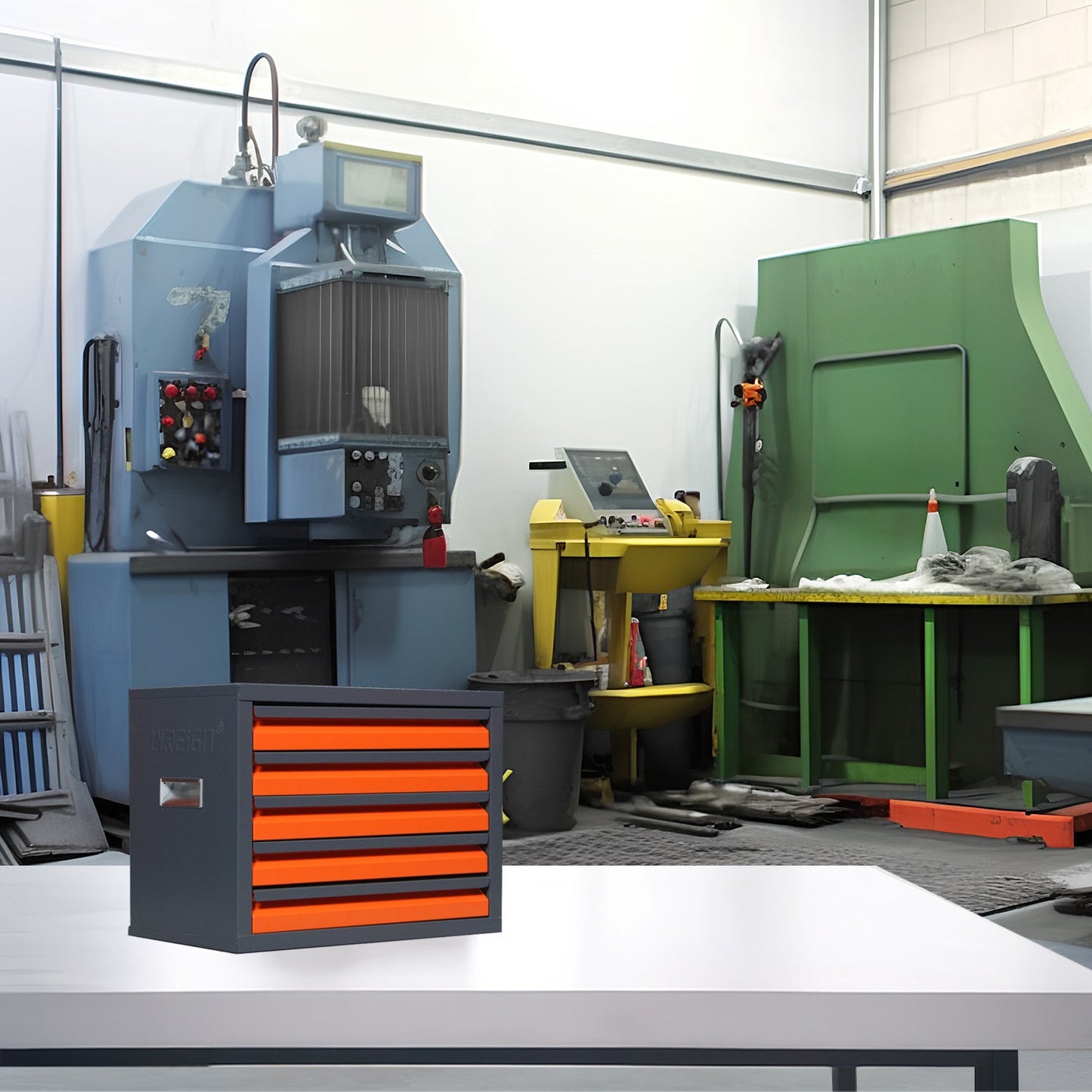 Lockers for metal-coated pieces in workshop setting with four orange drawers.