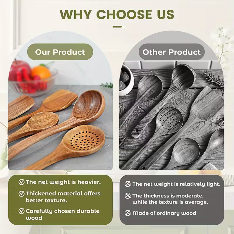 Non-Stick Cookware Set, Wooden Kitchen Utensils Kit, Heat Resistant Up to 450°F, 10pcs Pans Spatulas Slotted Wooden Kitchen Spoons, Elegant Heavy-Duty Wooden Utility Set, Cooking Tools for Baking Serving Everyday & Formal Cooking