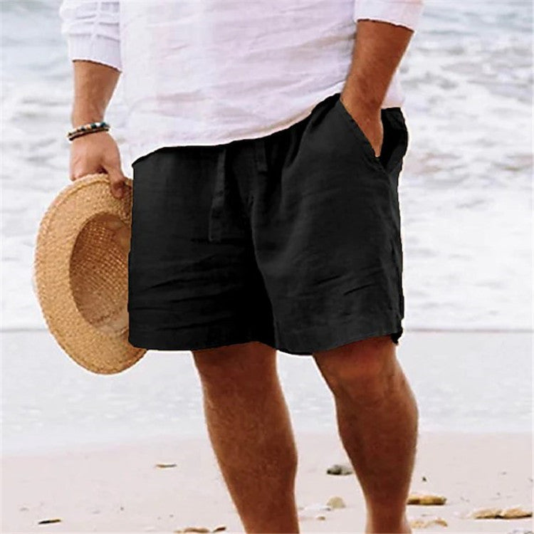 Men's shorts cotton hemp summer drawstring elastic waist straight legs Solid color comfortable breathable short daily beach