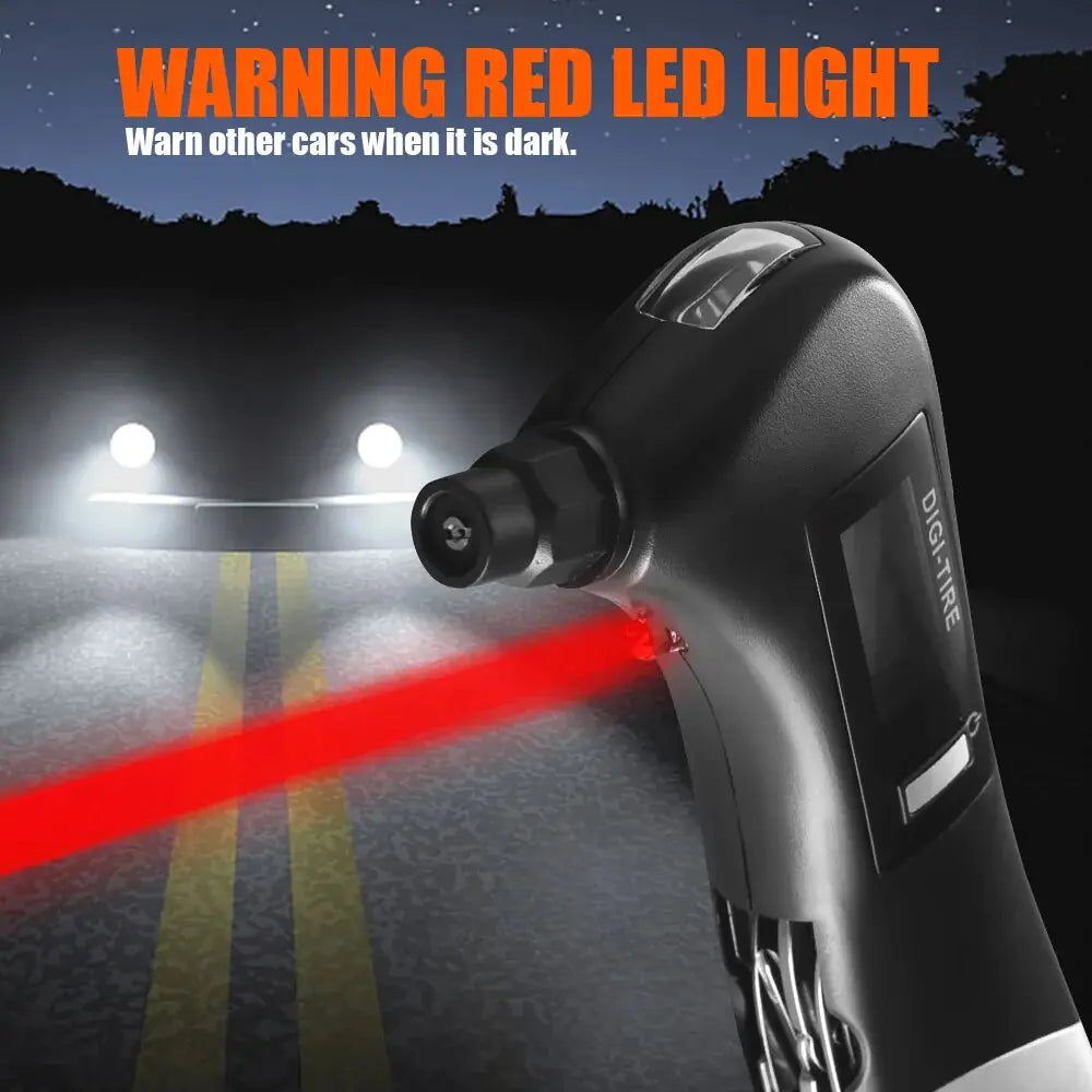 9 in 1 digital tire pressure alarm gauge with LED light and multifunctional features for roadside safety.