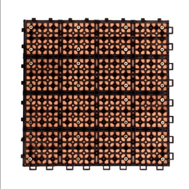 Wooden interlocking deck tiles with plastic grid base for easy installation.