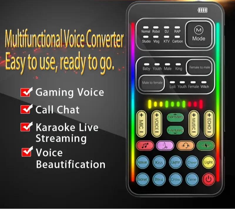 Multifunctional voice changer device with colorful buttons on a dark background