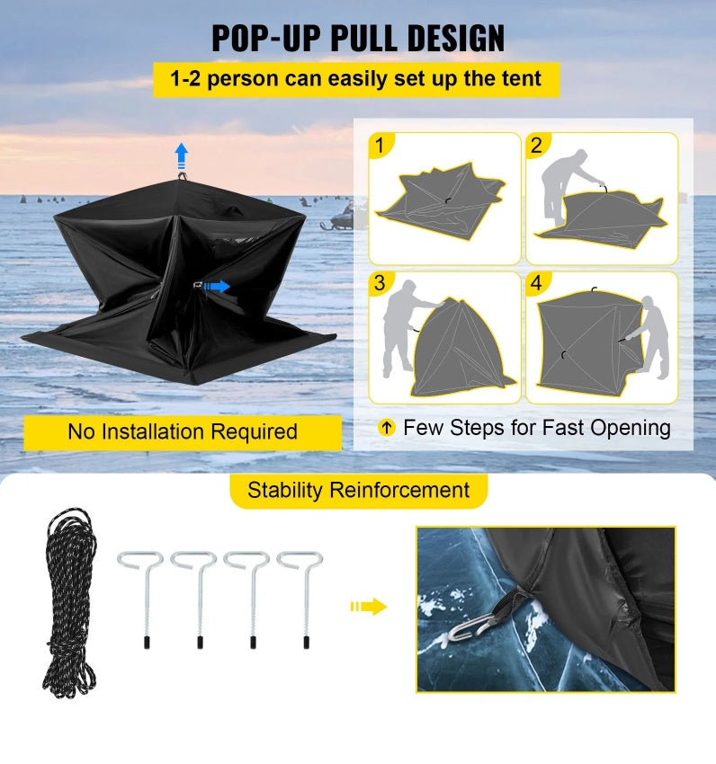 Pop-up portable insulated ice fishing tent setup and stability features.