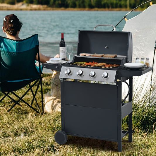 Propane Gas Grill 4 Burner Barbecue Grill, Stainless Steel 34,000 BTU Patio Garden Barbecue Grill with Two Shelves, Lid, Wheels and Bottle Opener by Dropsure