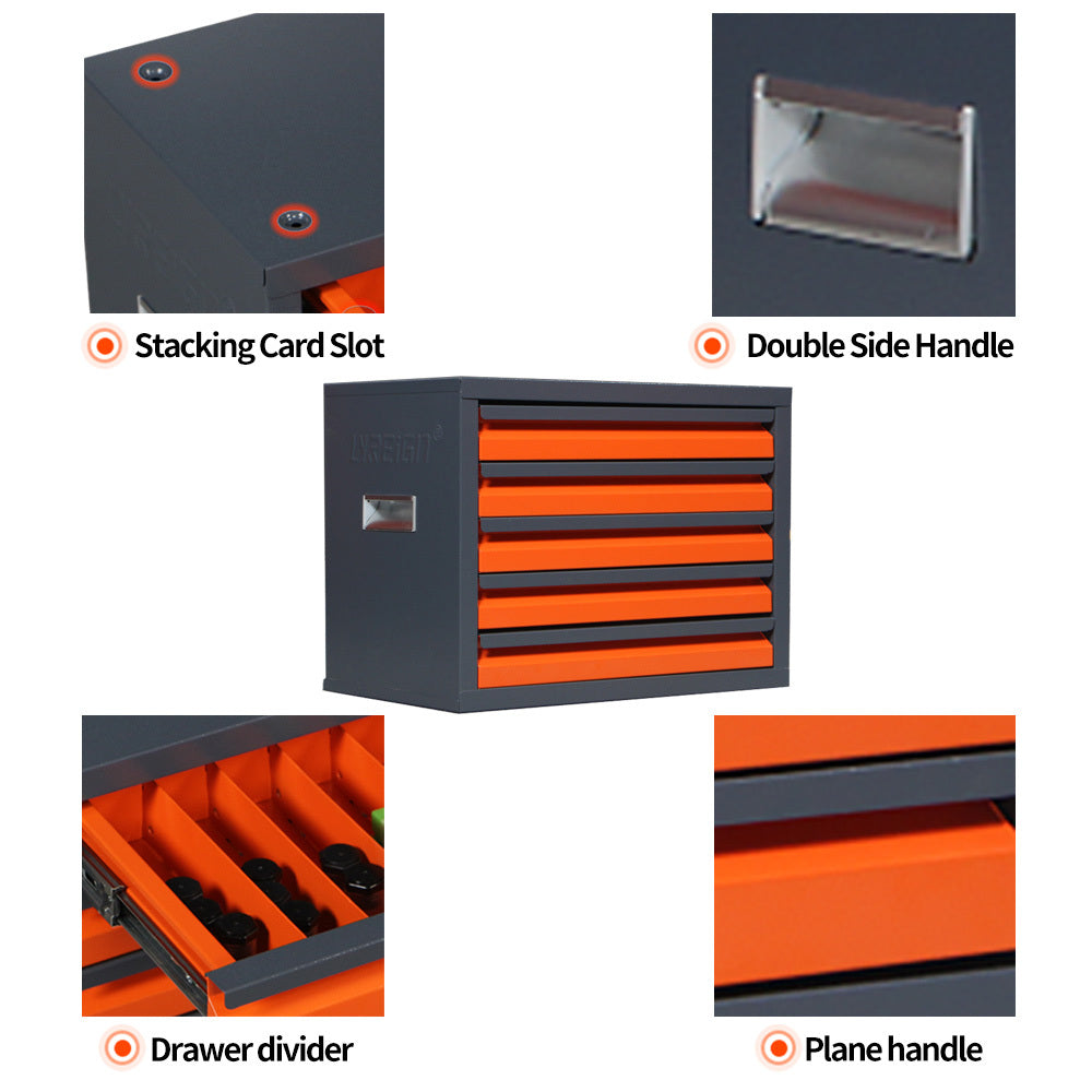 Lockers with orange drawers and black handles for efficient metal-coated piece storage.