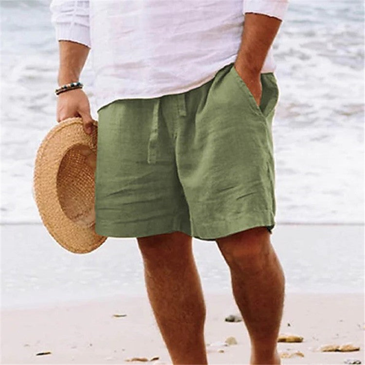 Men's shorts cotton hemp summer drawstring elastic waist straight legs Solid color comfortable breathable short daily beach