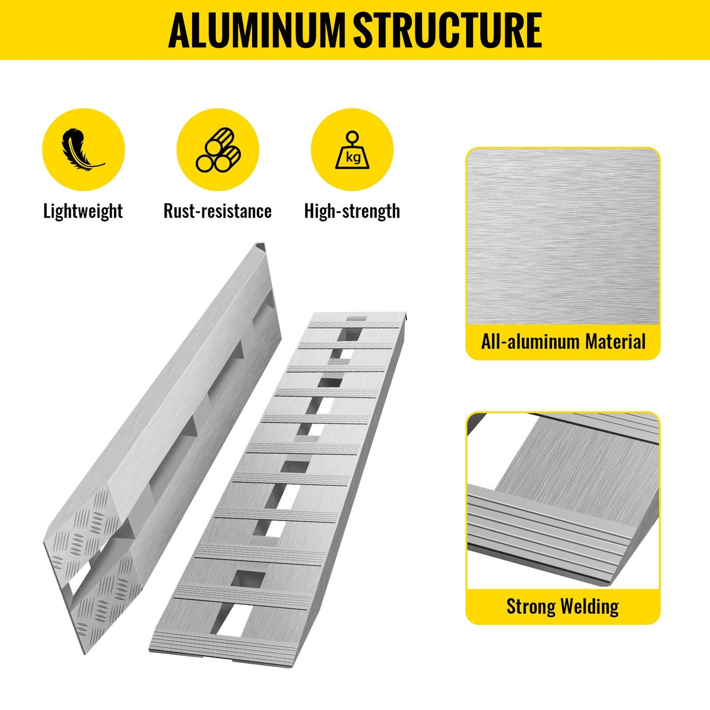 5-inch aluminum trailer ramps with beavertail hook end, lightweight and rust-resistant.