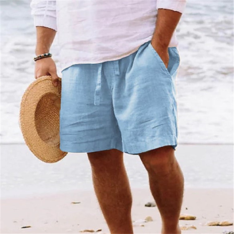 Men's shorts cotton hemp summer drawstring elastic waist straight legs Solid color comfortable breathable short daily beach