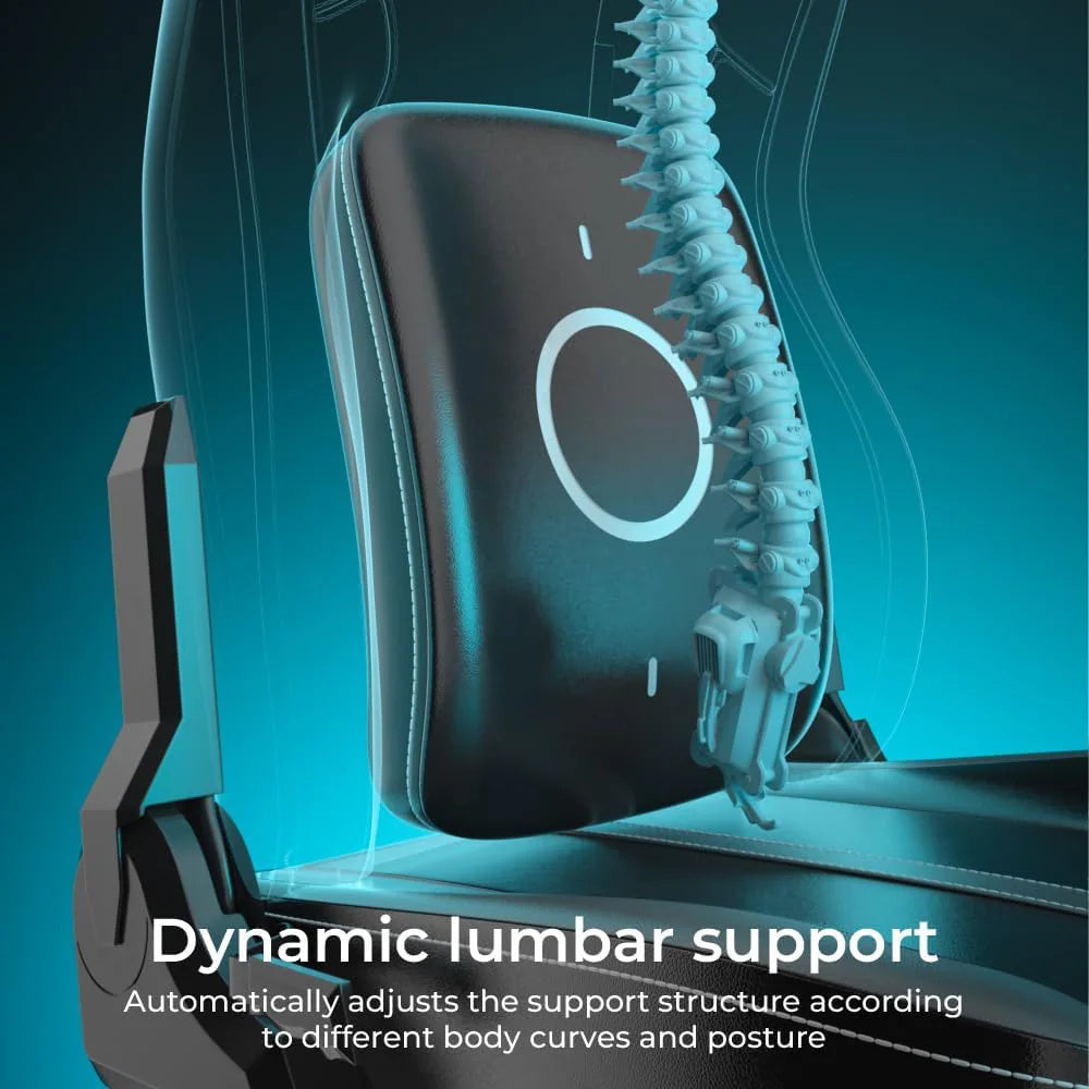 Dynamic lumbar support on C-L42R Gaming Chair, adjustable for body curves and posture.