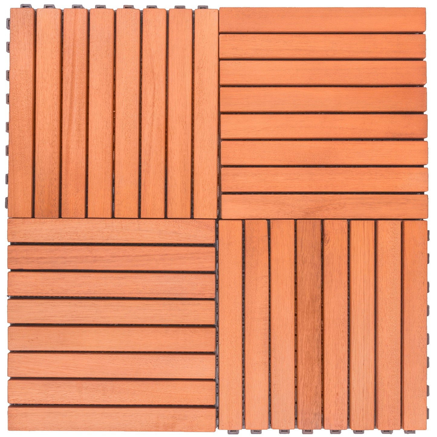 Wooden Interlocking Deck Tiles in reddish brown, featuring 8-slat eucalyptus wood design, ideal for patios and outdoor use.